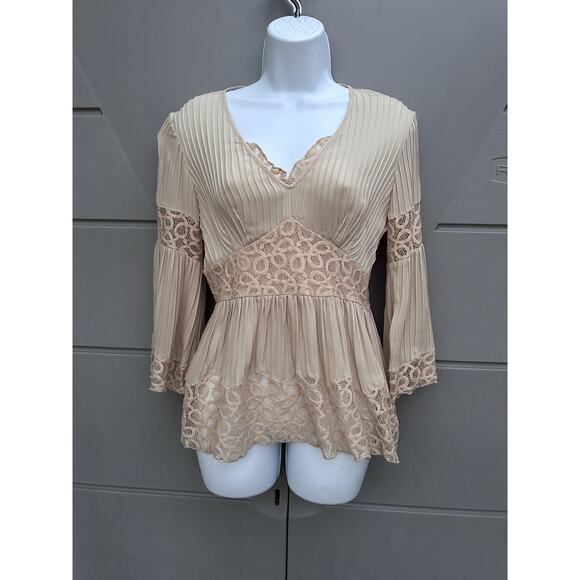 Y2K INC Silk Babydoll Blouse Pleated Bell Sleeves Lace Trim Coquette Romantic 2 - Picture 1 of 9